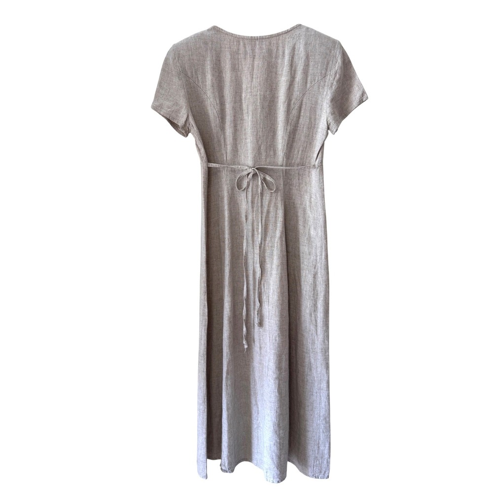 Vintage Midi Dress Size 5/6 Tan Linen Blend Button Front Tie Back Cottagecore - Picture 6 of 13